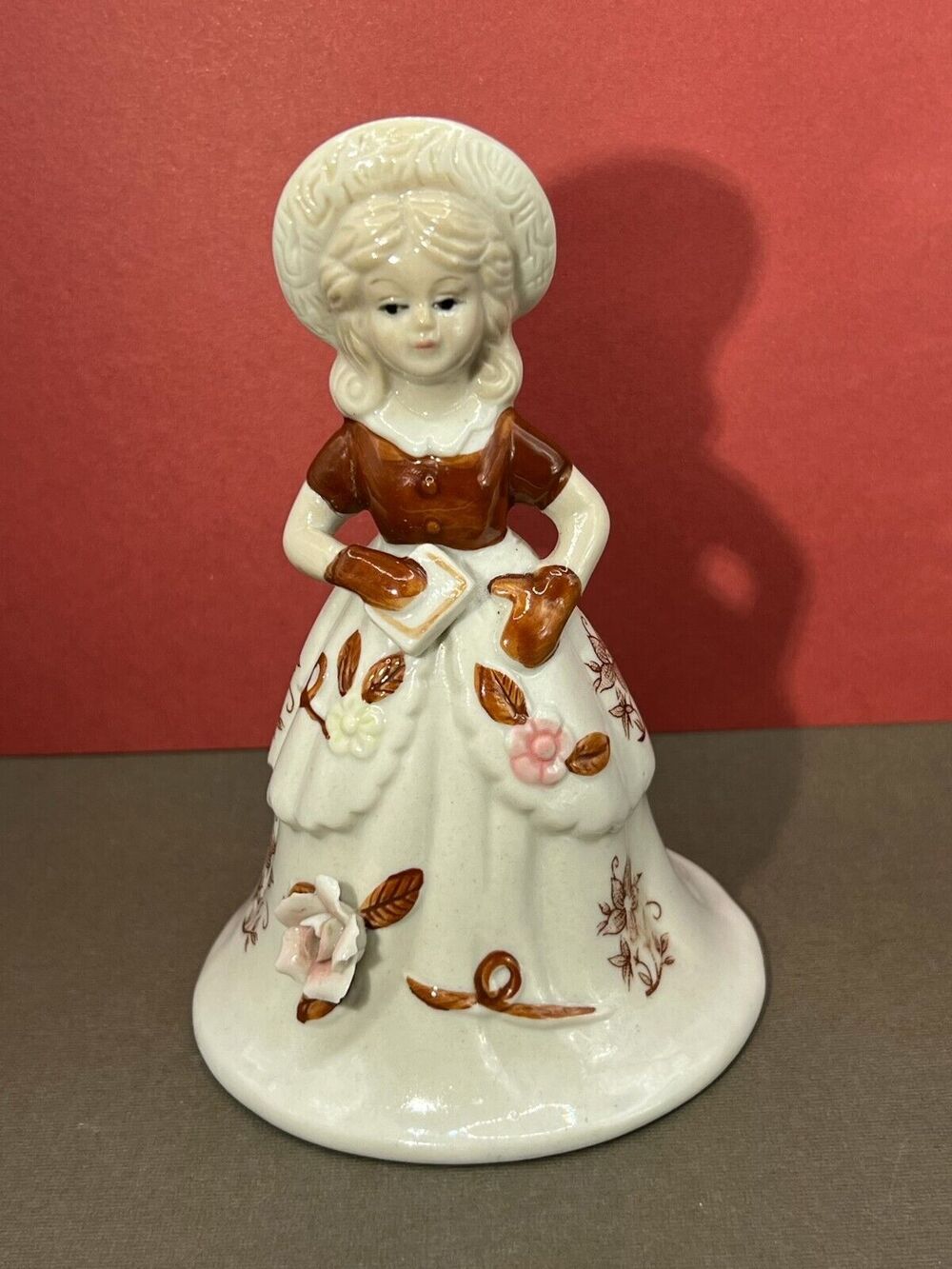 Woolbro Vtg Porcelain Girl Figurine Bell Brown 3D Flowers Taiwan Rare